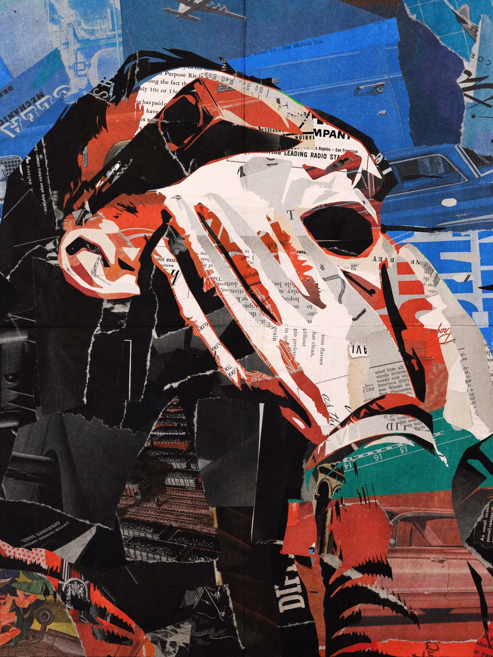 Collage portrait of an excited man looking up, his face in red and white torn newsprint against a blue collage of vintage airplanes and cars