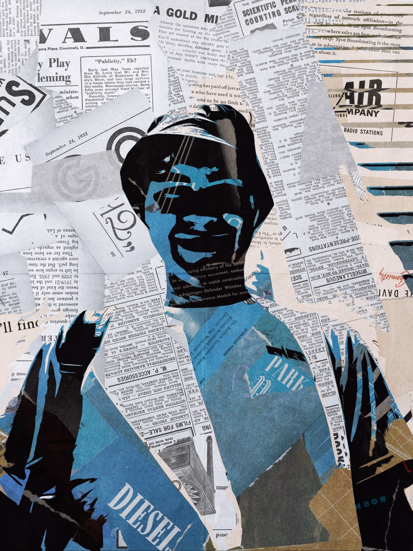 Collage portrait of a smiling man in blue, teal and black torn paper on a light newspaper background, with "Diesel" and "Park" text scraps