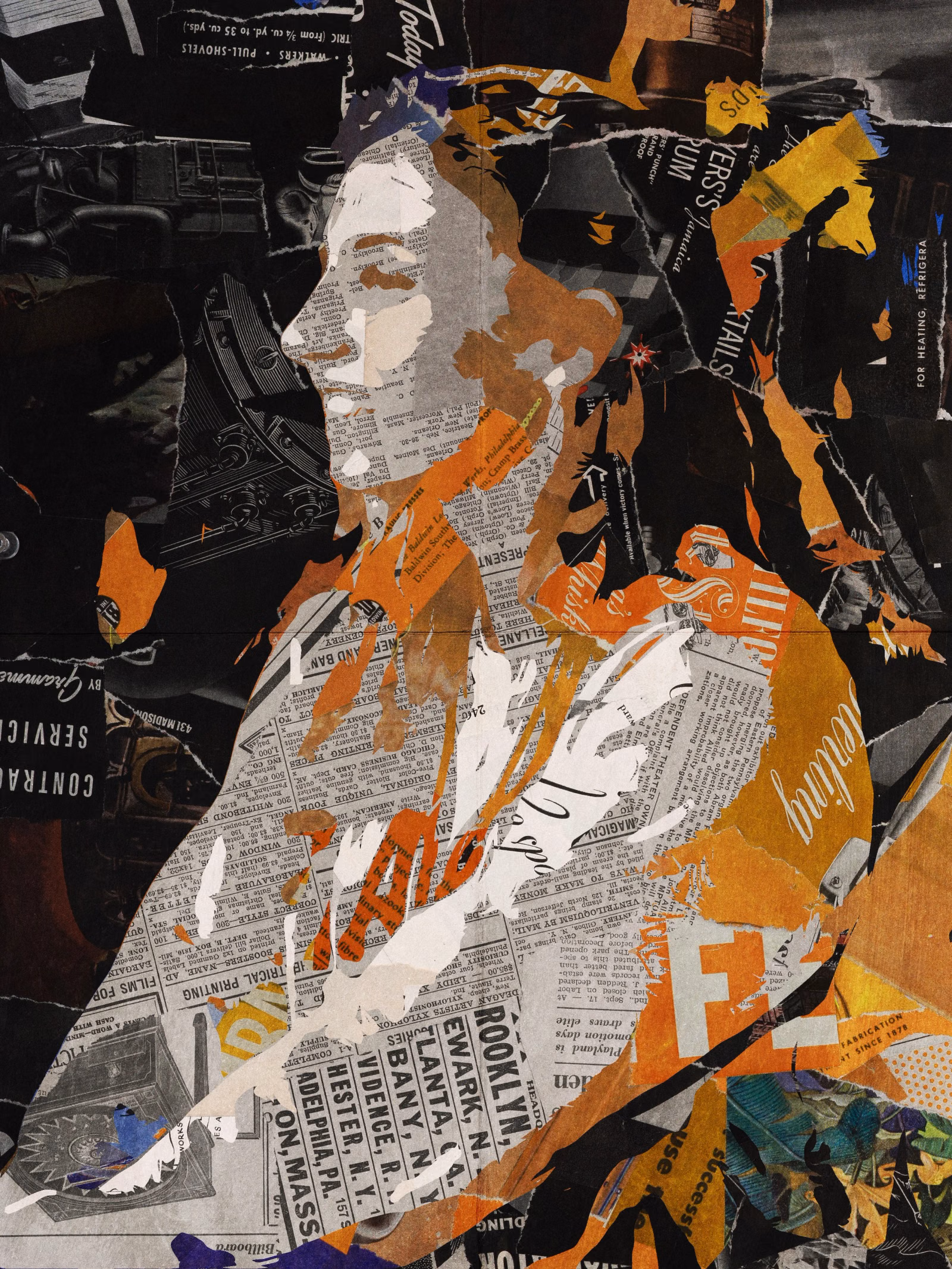 Collage portrait of a woman in profile with an updo, in orange, white and black torn newsprint on a dark collage background