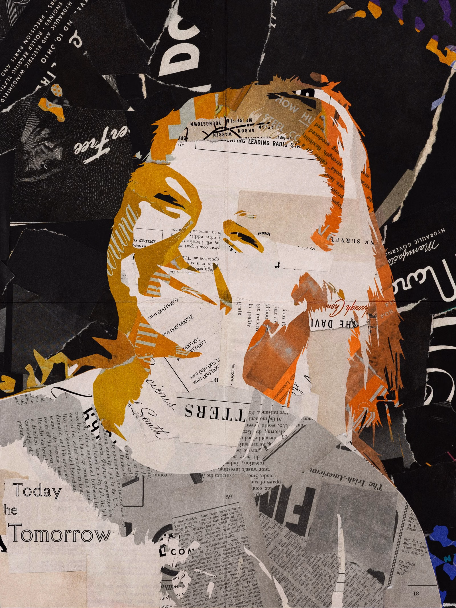 Collage portrait of a woman with wavy hair looking down, in gold, orange and white torn newsprint on a black background