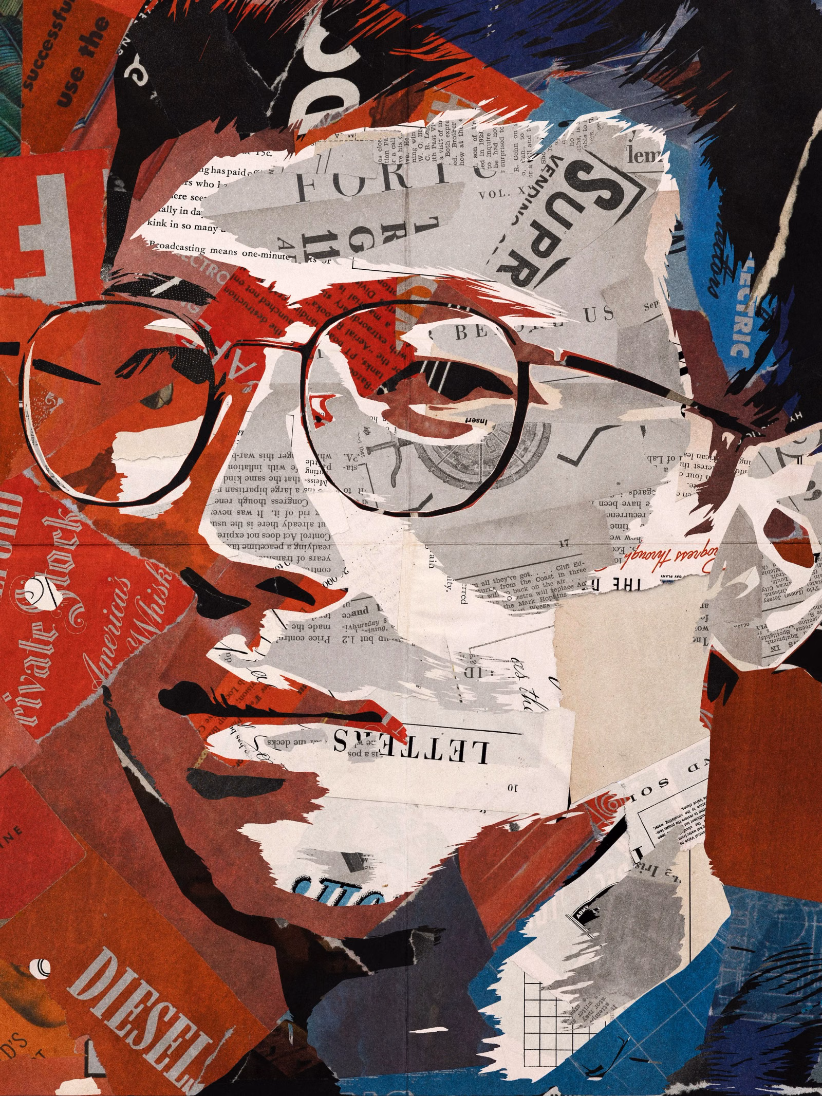 Collage portrait of a man wearing round glasses, assembled from red, white, blue and black torn magazine clippings