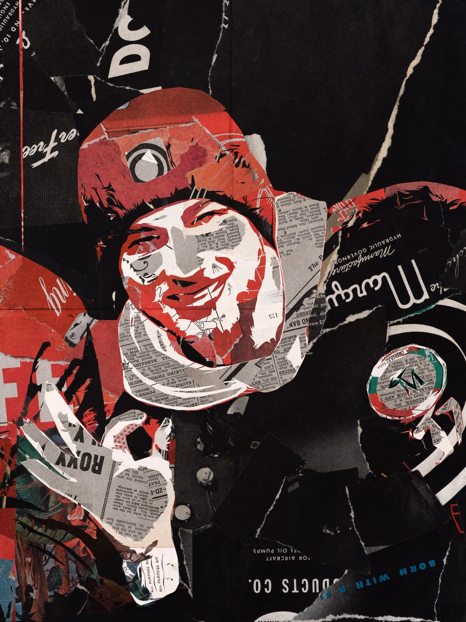 Collage portrait of a smiling person in a cap, made from red, black and white torn magazine and newspaper scraps on a black background