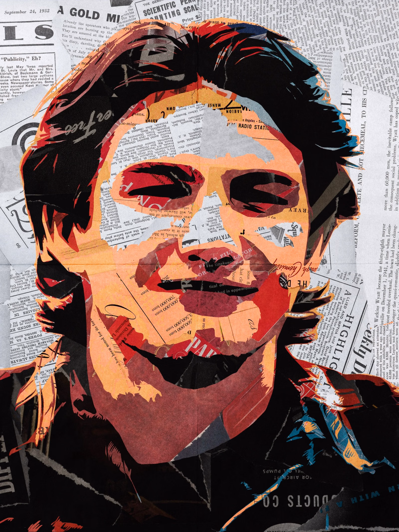 Collage portrait of a smiling dark-haired man in warm red and tan torn newsprint on a pale newspaper background