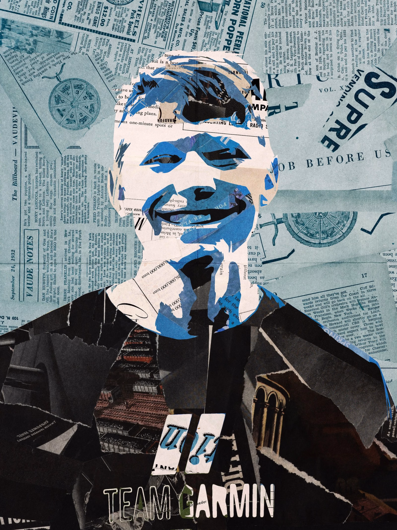 Collage portrait of a smiling man in blue, white and black torn newsprint on a light blue newspaper background, with a "Team Garmin" clipping at the bottom