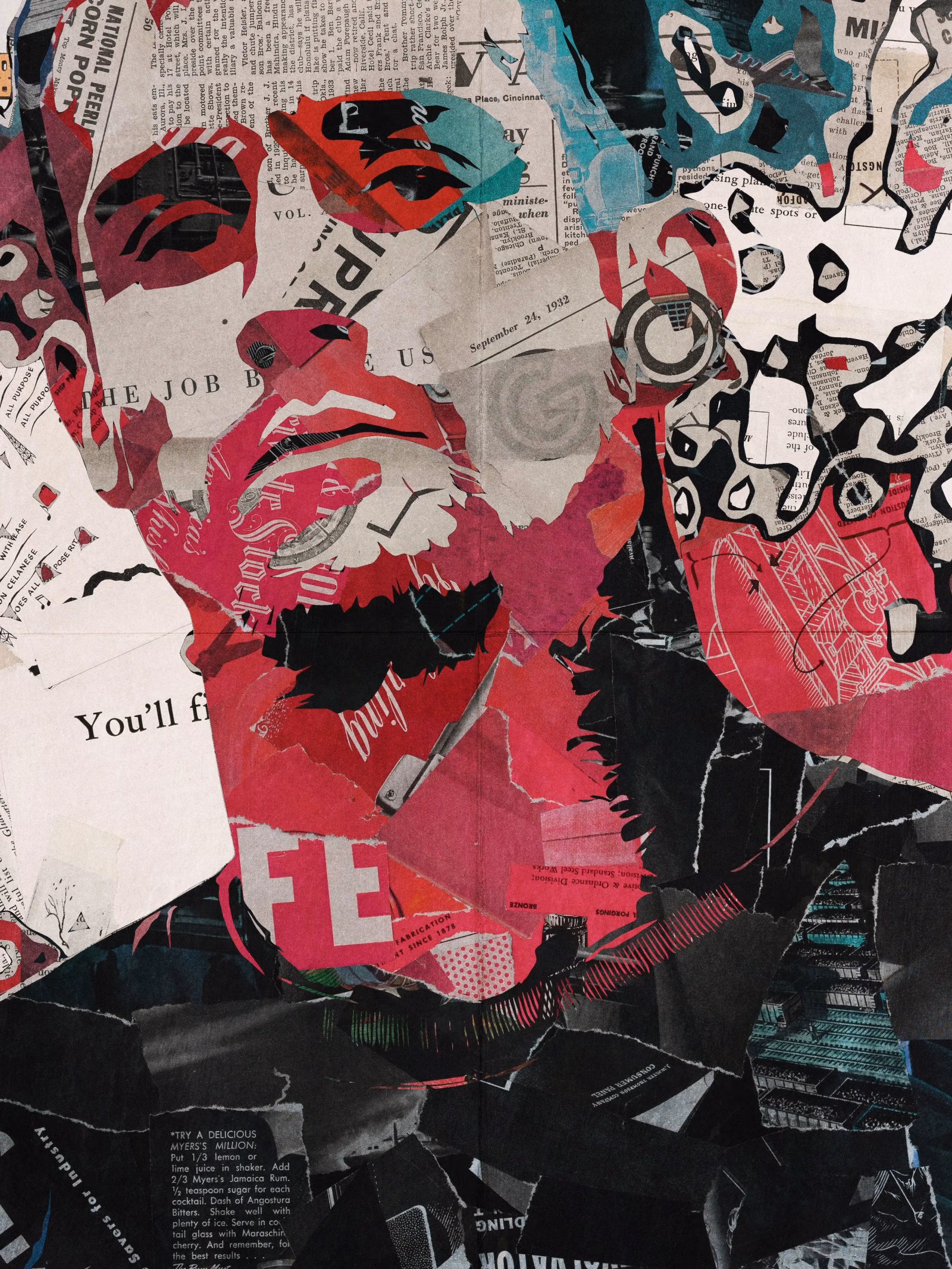 Close-up collage portrait of a face in pink, red, black and white torn paper clippings