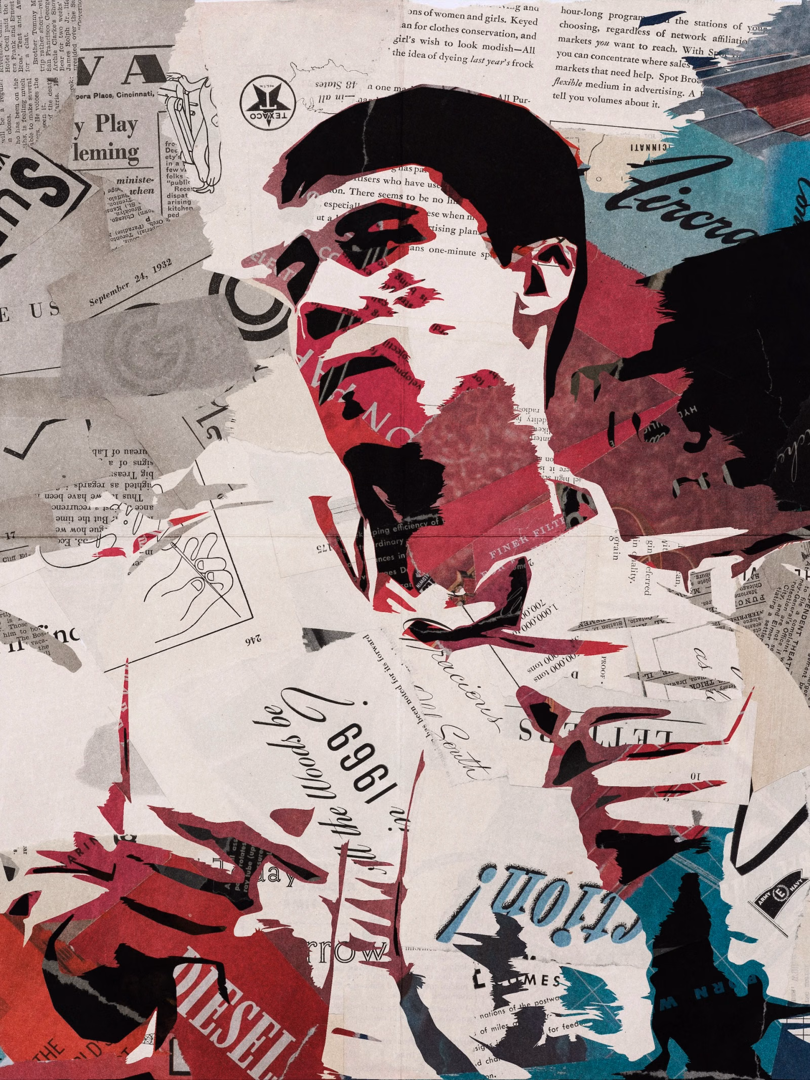 Collage portrait of a man's face in pink, red and black torn paper with teal accents and an "it 1969!" clipping