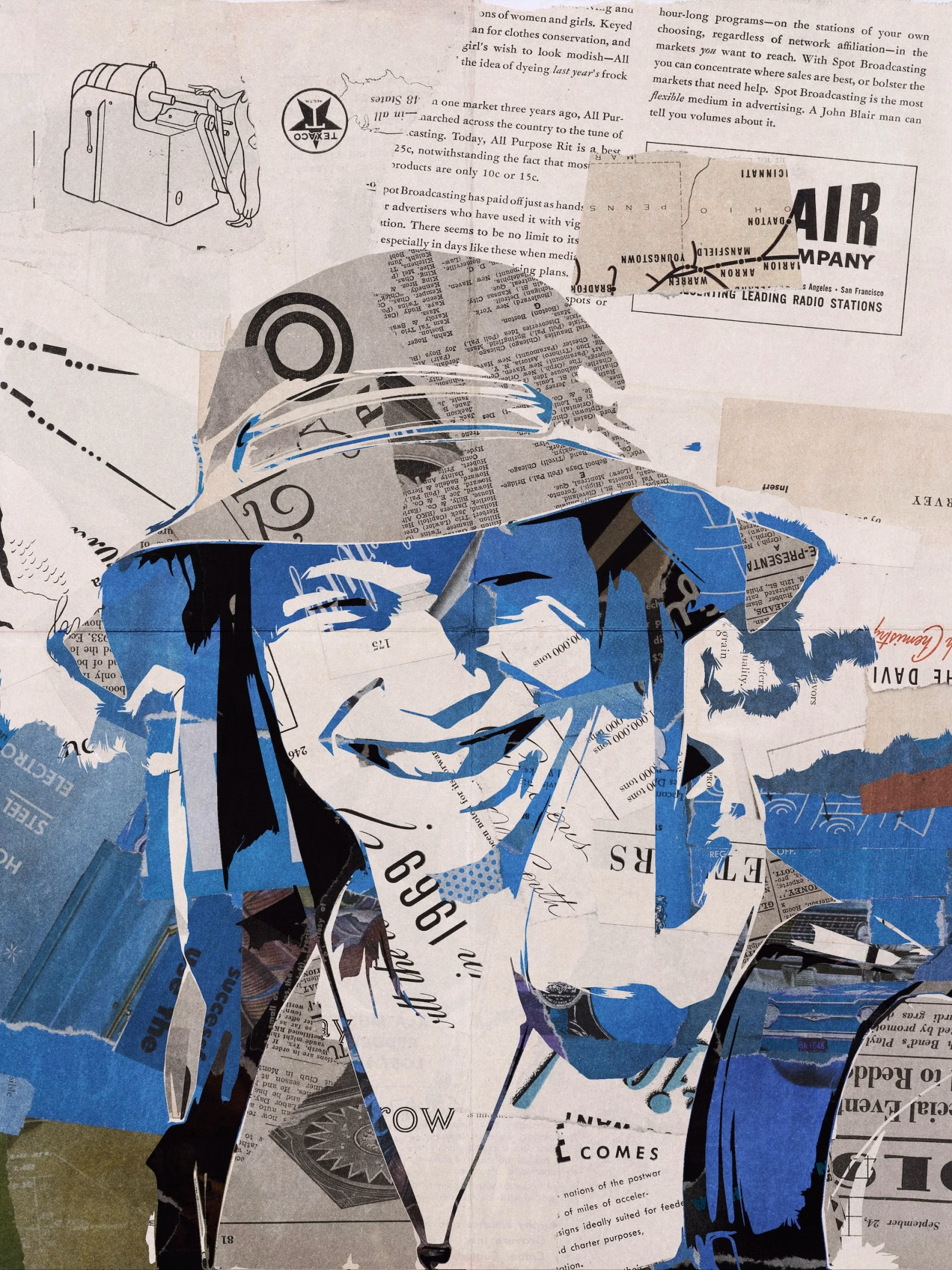 Collage portrait of a smiling man in a bucket hat, made from blue, white and black torn newsprint, with an "Air Company" clipping