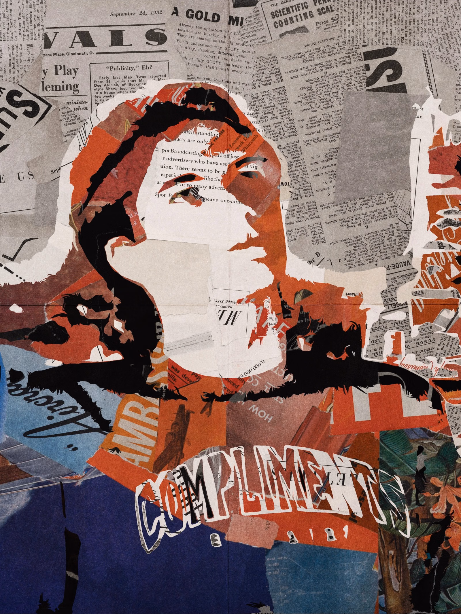 Collage portrait of a person tilting their head up, in orange, red and black torn paper with a blue lower section and a "Compliments" clipping