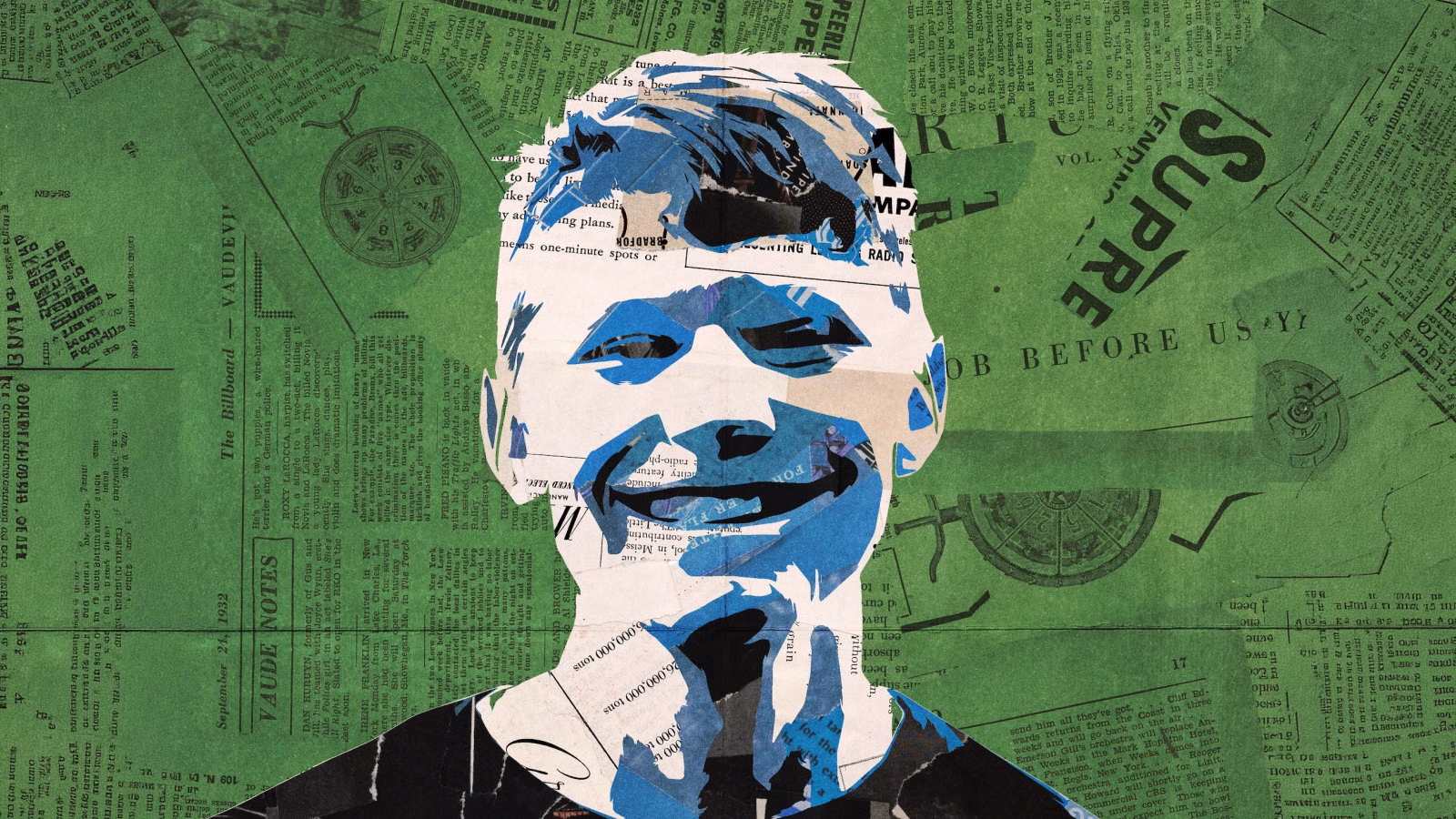 Torn-paper collage portrait of a smiling man built from blue, white and black newspaper clippings, on a green newsprint background