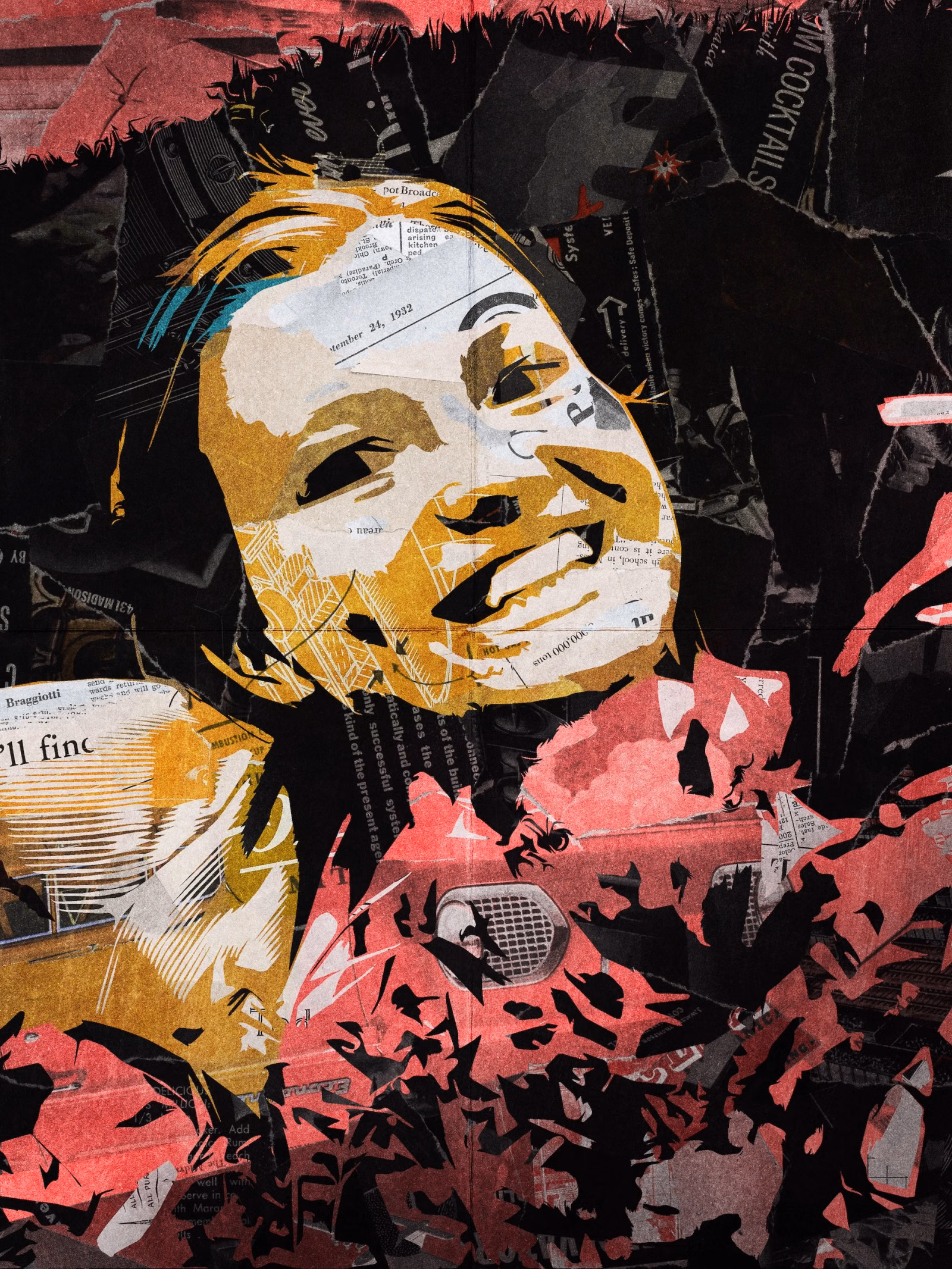 Collage portrait of a laughing woman in golden-yellow and white torn paper, framed by coral-pink torn-paper foliage on a black background