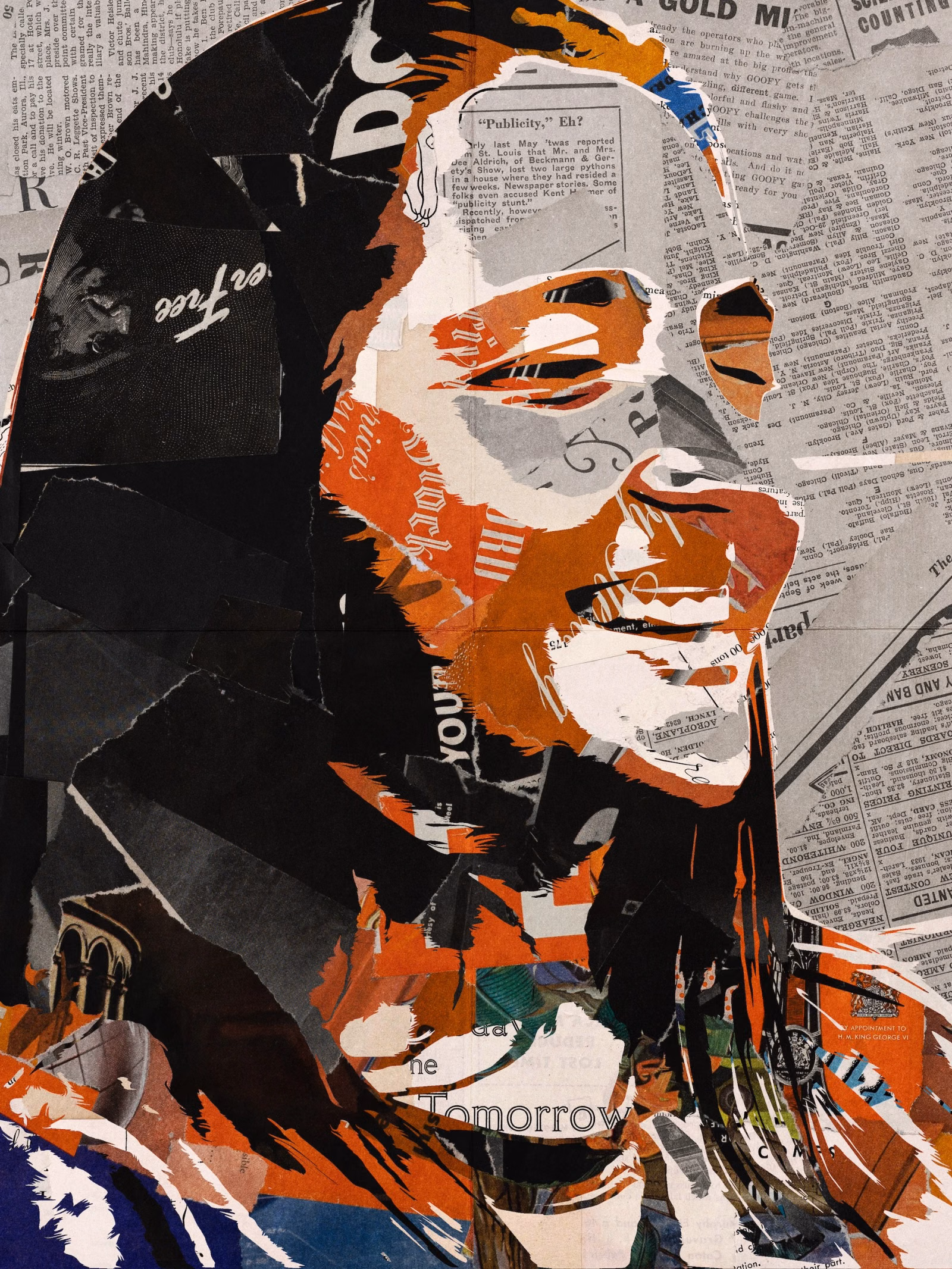 Collage portrait of a woman looking down in profile, in orange, white and black torn newsprint on a grey newspaper background, with a "Tomorrow" clipping