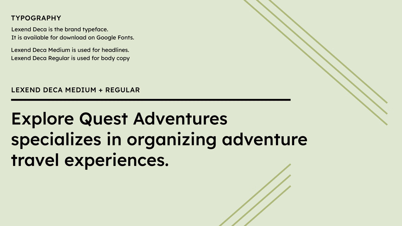 Typography slide introducing Lexend Deca as the brand typeface, with a sample headline about organizing adventure travel experiences