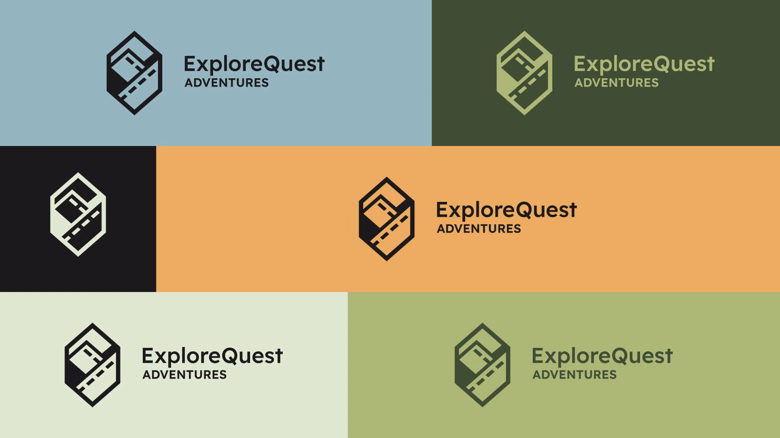 Grid showing the ExploreQuest logo in approved color combinations across six brand-colored backgrounds