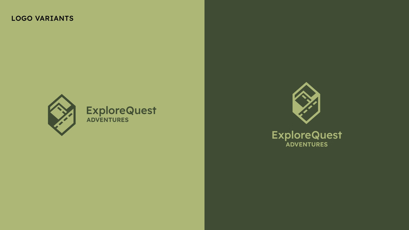 Logo-variants slide showing the horizontal lockup on sage green and the stacked lockup on deep green