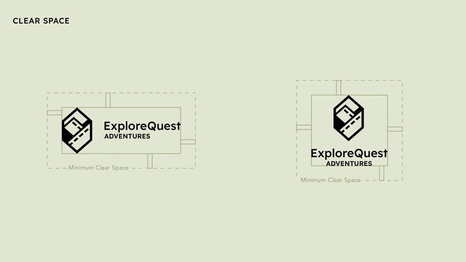 Clear-space guideline slide showing the minimum spacing around the horizontal and stacked logo lockups