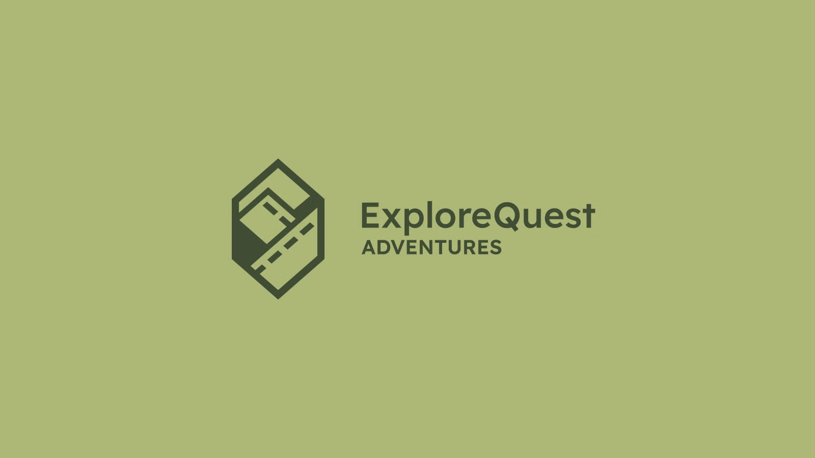 The ExploreQuest Adventures logo: a hexagonal badge enclosing a winding road, beside the wordmark, in dark green on a sage background