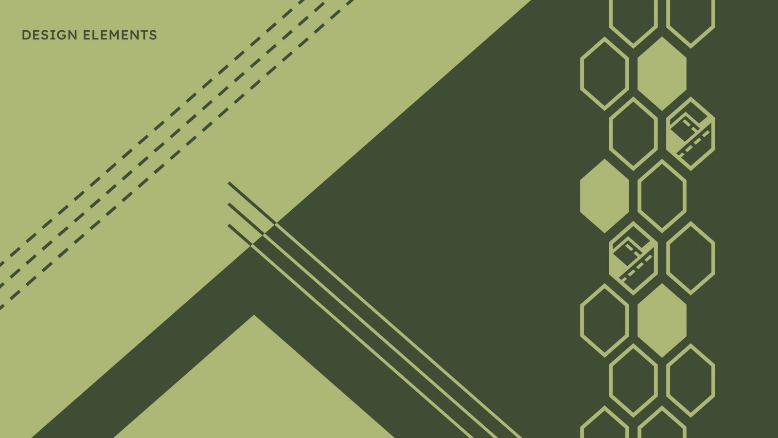 Design-elements slide showing the brand's supporting graphics: dashed trail lines and a pattern of green hexagons