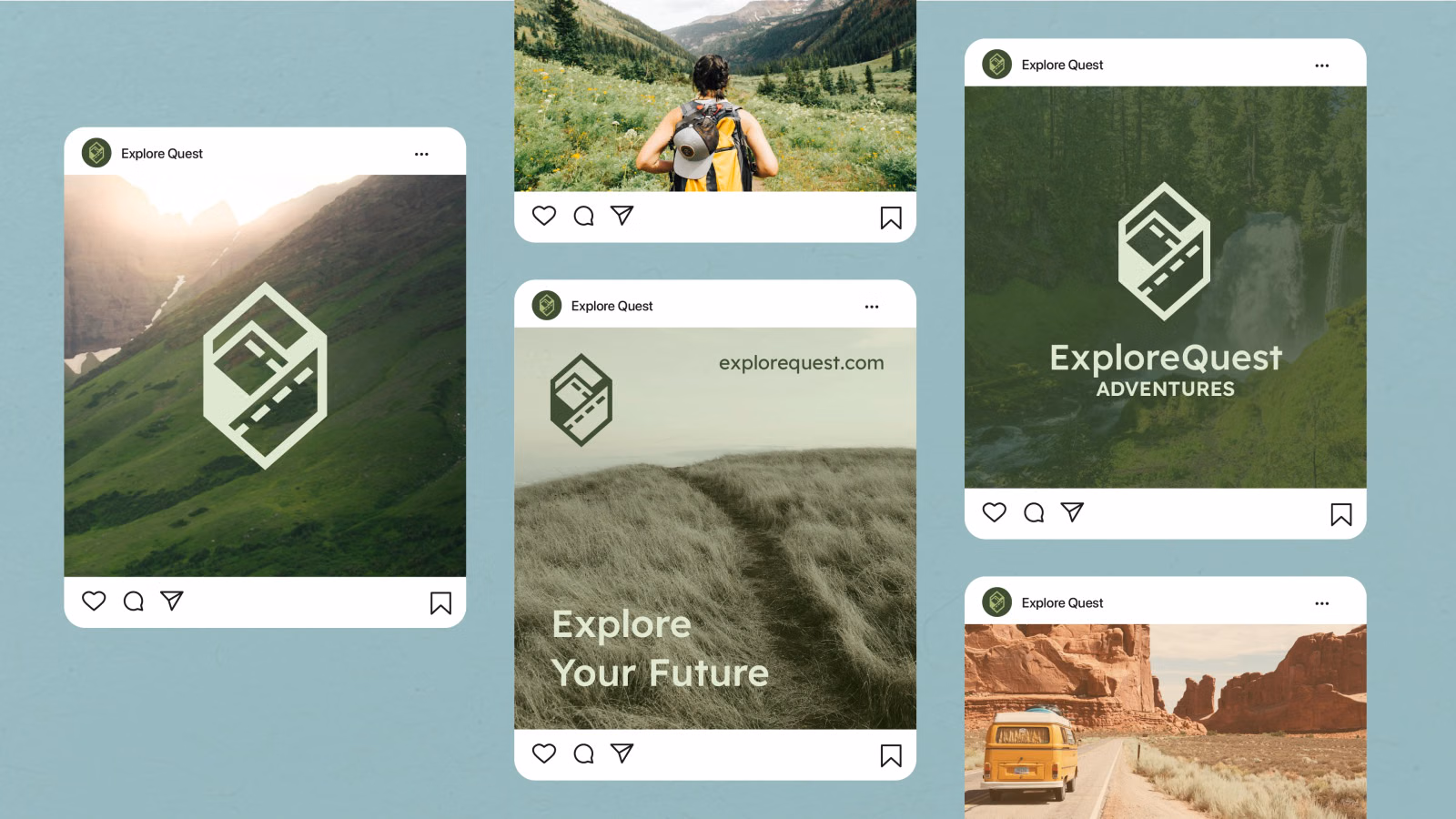 Instagram post mockups for ExploreQuest featuring adventure photos, the logo, and taglines like "Explore Your Future"