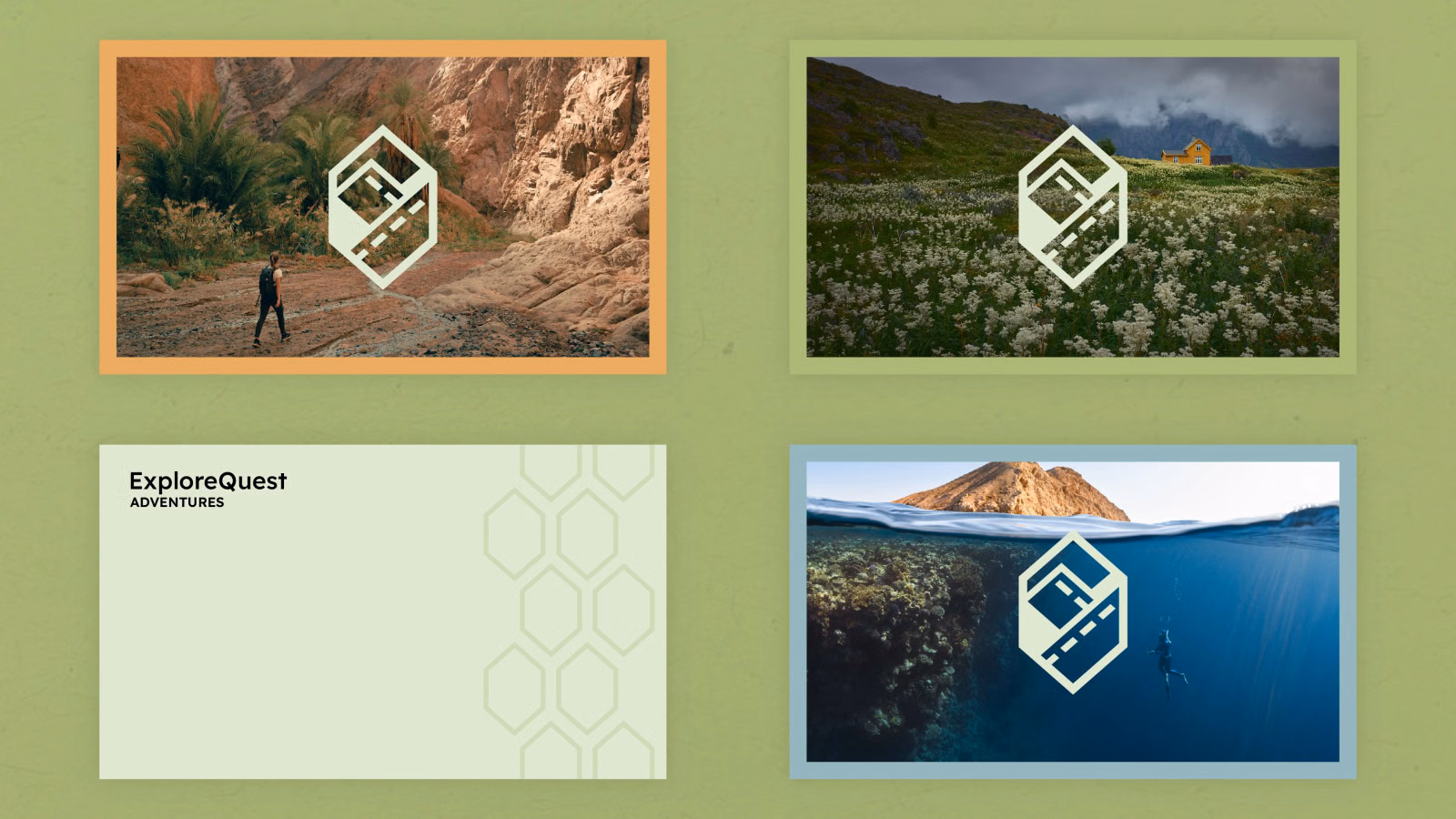 Brand-in-use slide: three adventure-travel photos with the logo overlaid, plus a branded card with a hexagon pattern