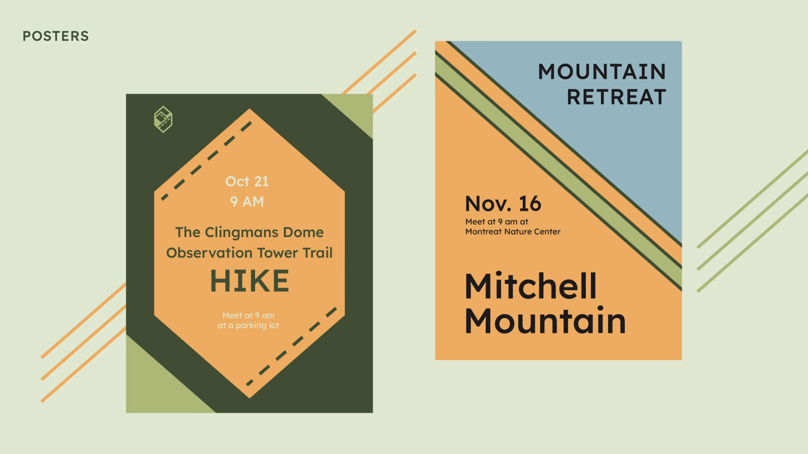Two event poster designs — a "Clingmans Dome Trail Hike" and a "Mitchell Mountain" retreat — in the brand's green-and-sand palette