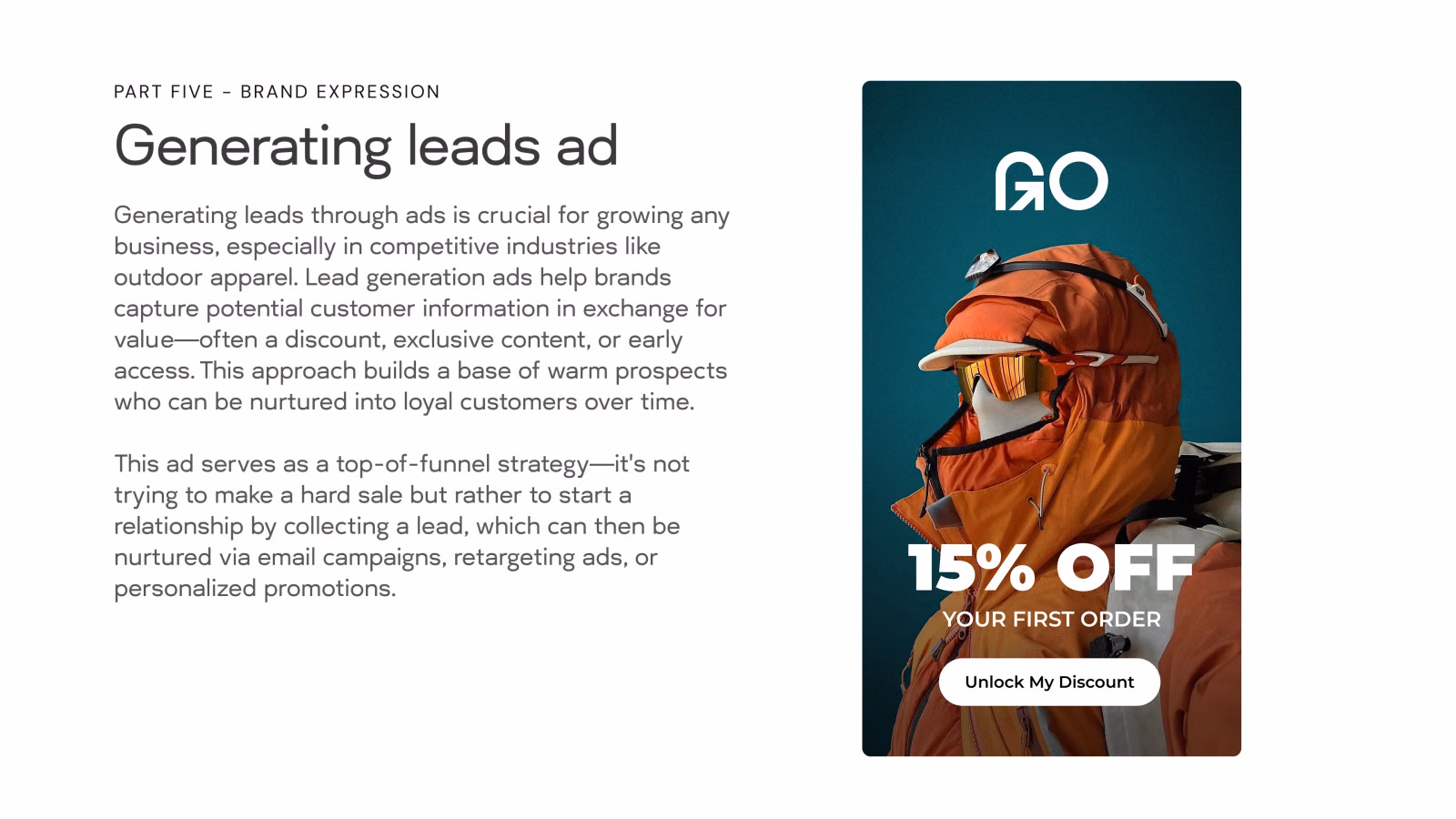Instagram lead generation ad with 15% off first order