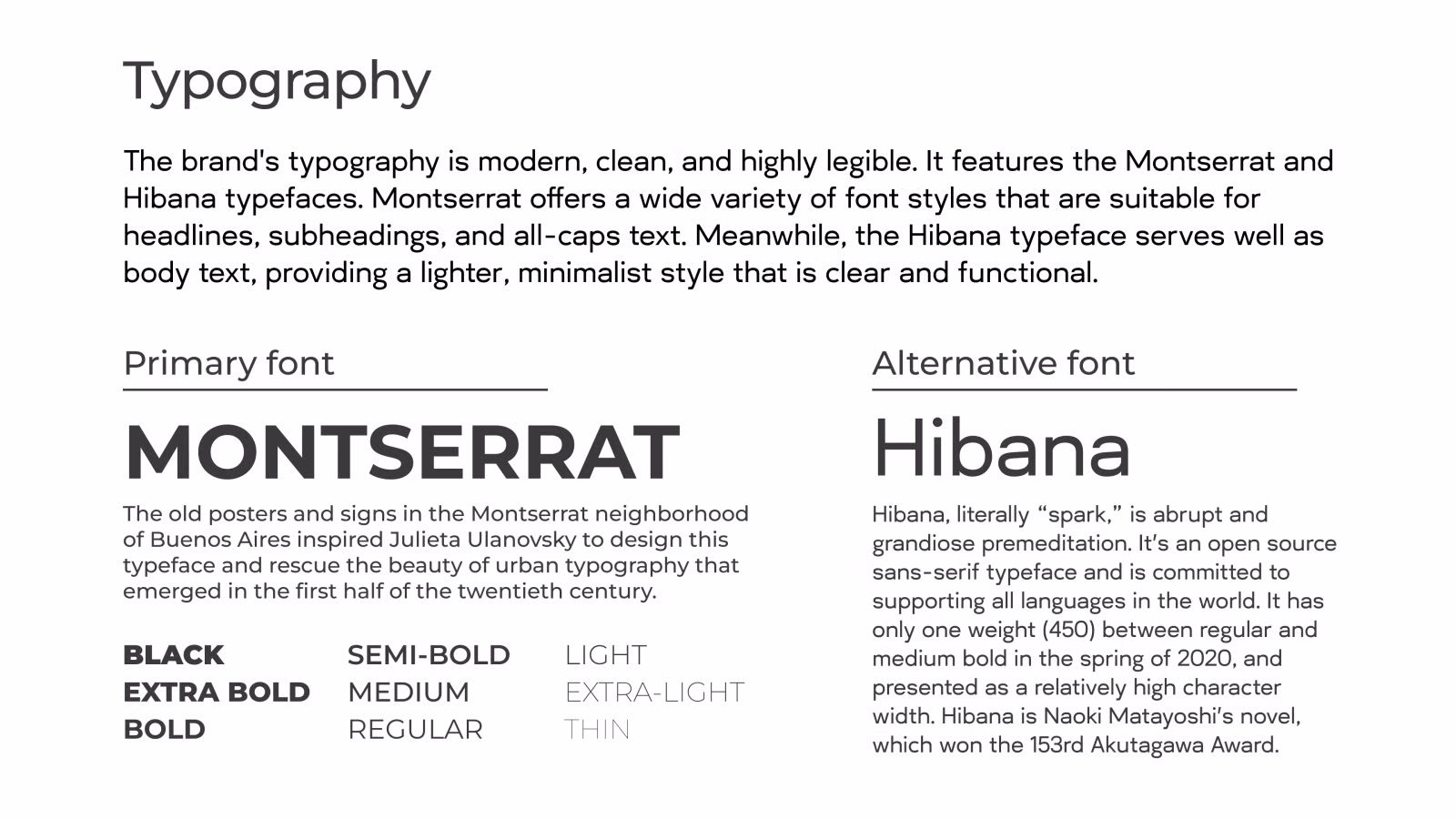 Typography: Montserrat and Hibana