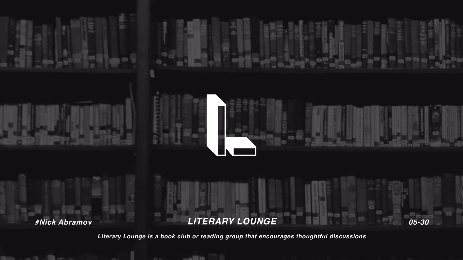 Literary Lounge logo — an "L" monogram shaped like an open book and armchair, against a wall of bookshelves