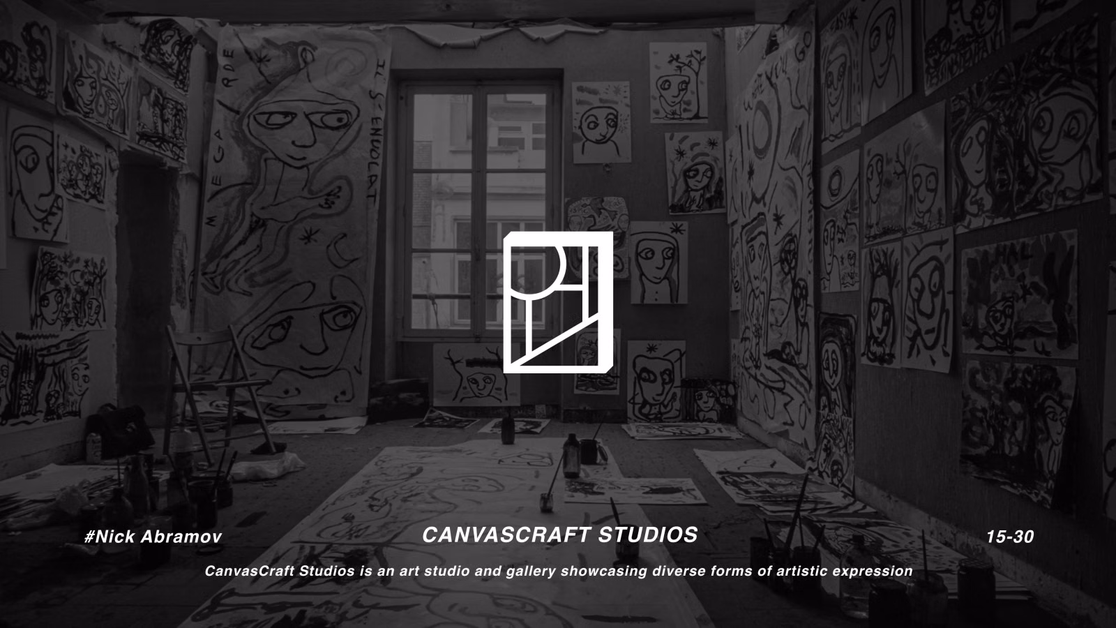 CanvasCraft Studios logo — a geometric picture-frame monogram, inside an art studio hung with paintings