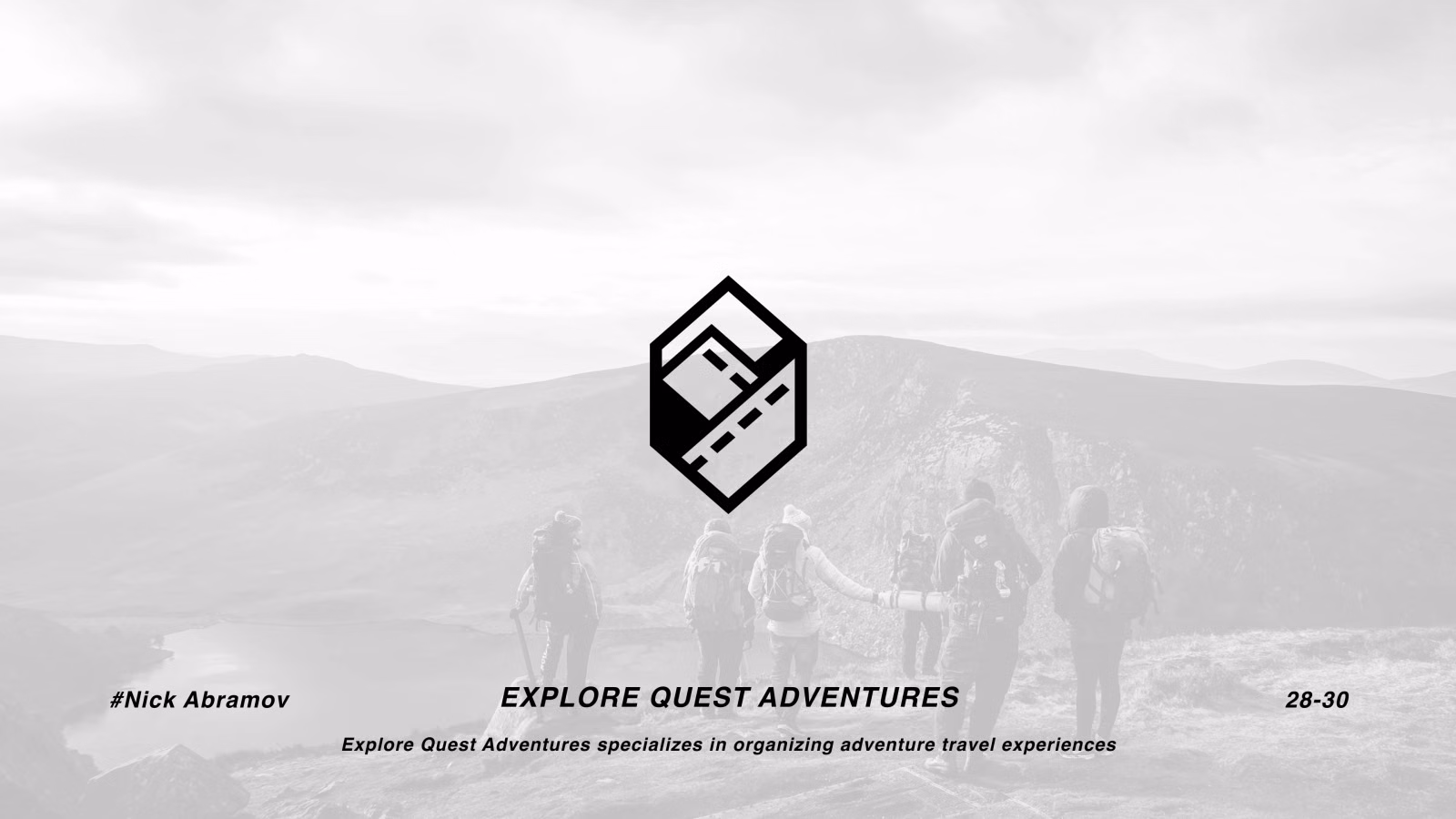 Explore Quest Adventures logo — a hexagon containing a mountain and winding road, over hikers on a ridge