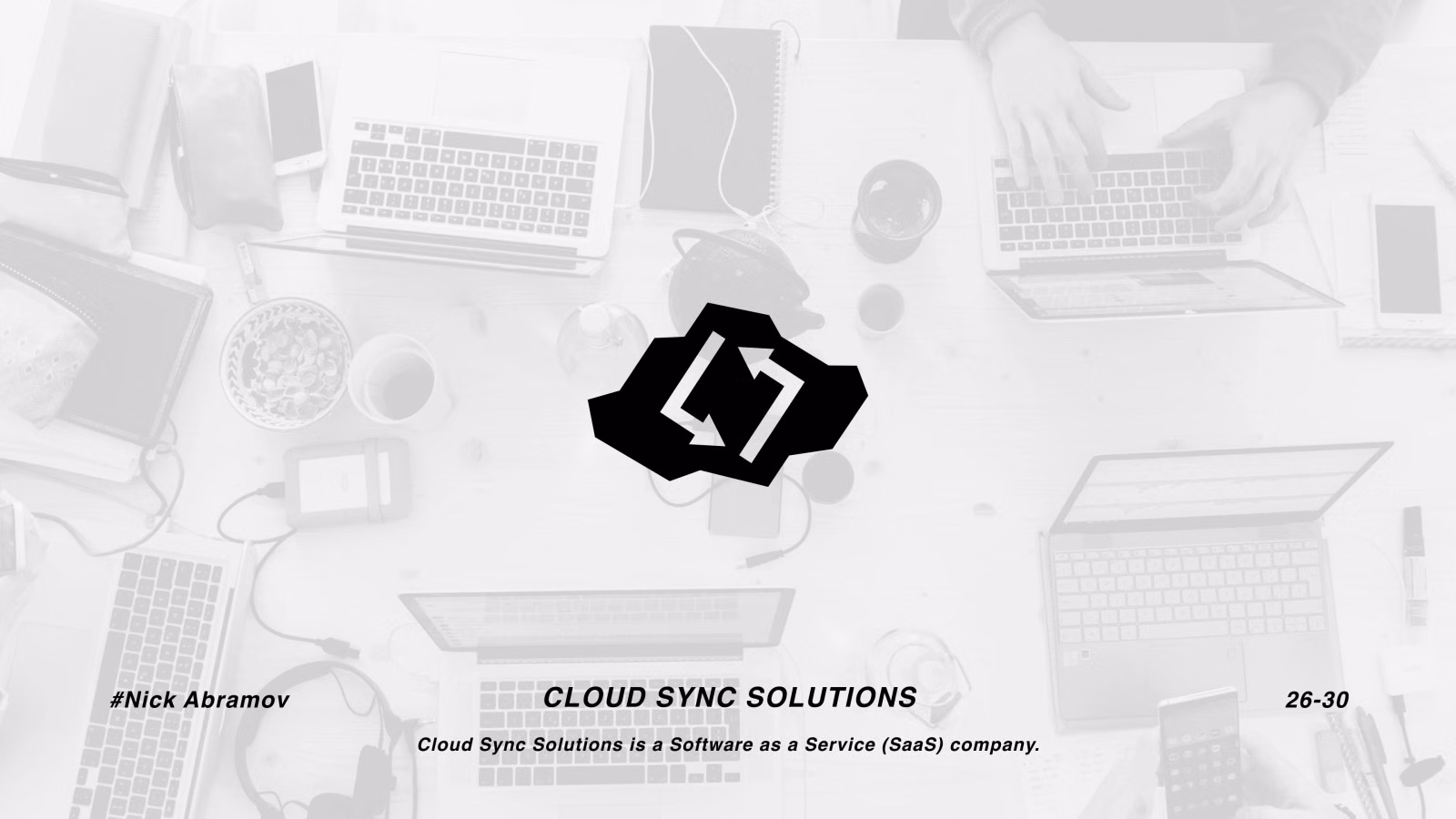Cloud Sync Solutions logo — a cloud enclosing two sync arrows, over a desk covered in devices