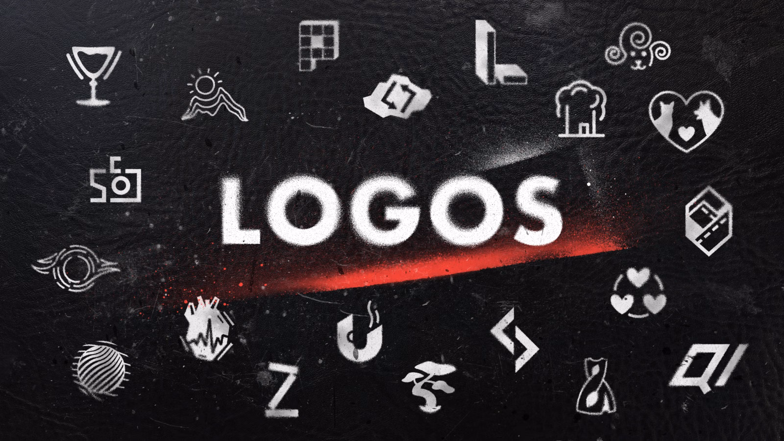The word "LOGOS" in white spray-paint lettering surrounded by scattered white logo marks on a dark grungy background with a red brushstroke