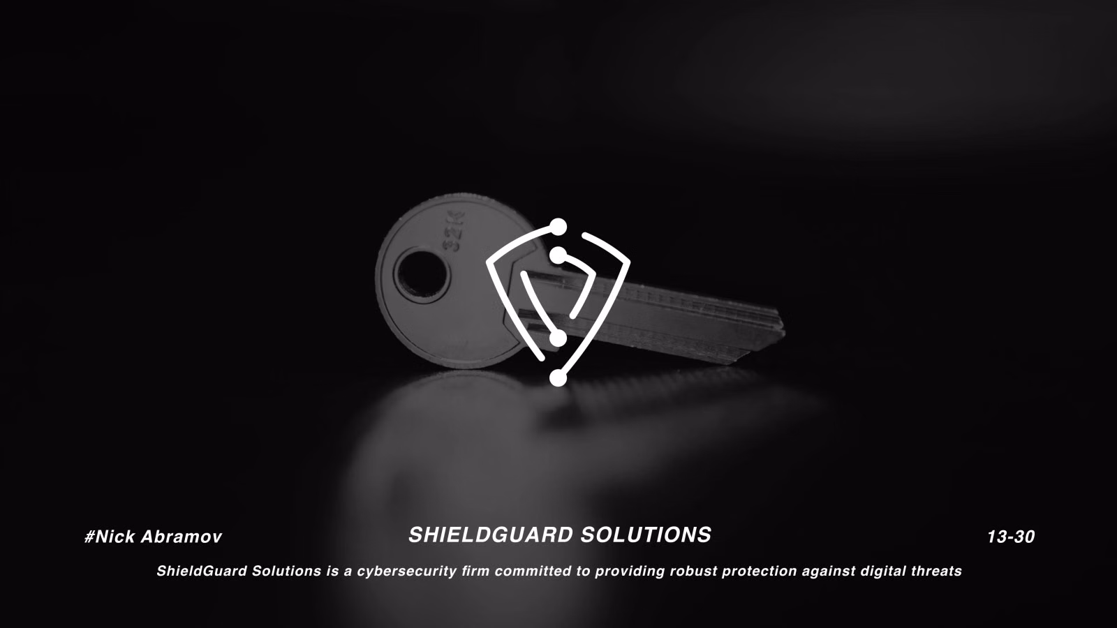 ShieldGuard Solutions logo — a shield outline formed from connected circuit nodes, over a close-up of a key