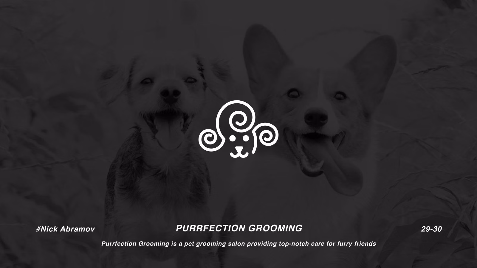 Purrfection Grooming logo — an animal face with curled ram-like ears, over two happy dogs