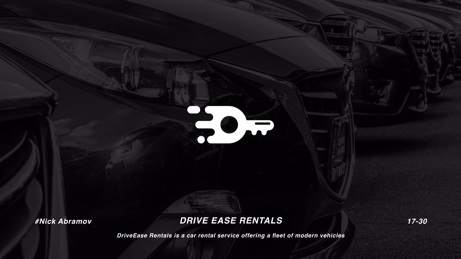 DriveEase Rentals logo — a car merged with a key, trailing motion lines, over a row of black cars