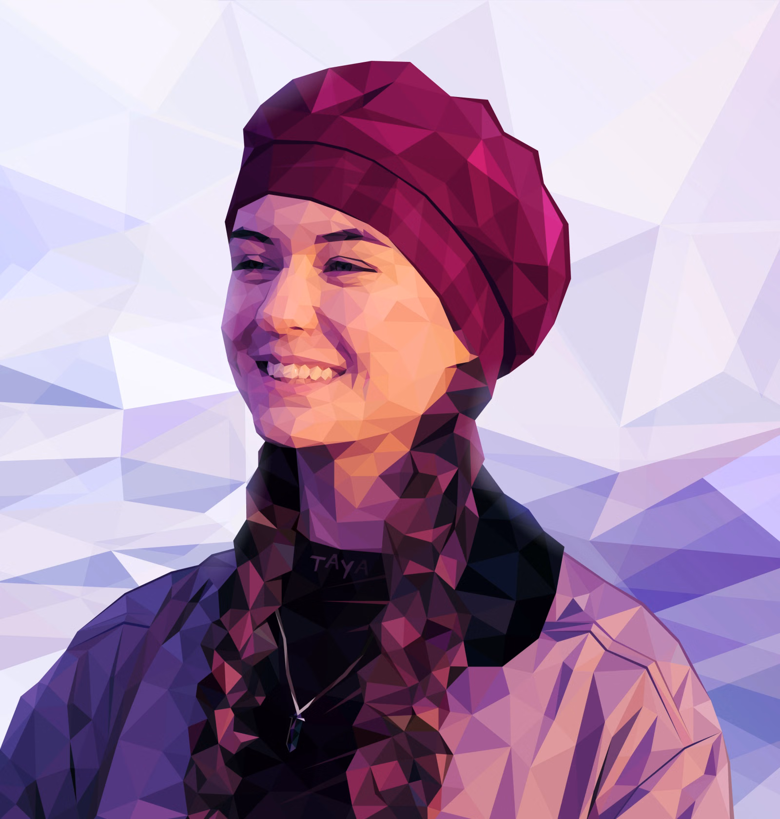 Low-poly portrait of a smiling young woman in a magenta beanie and pendant necklace, against a lilac faceted background