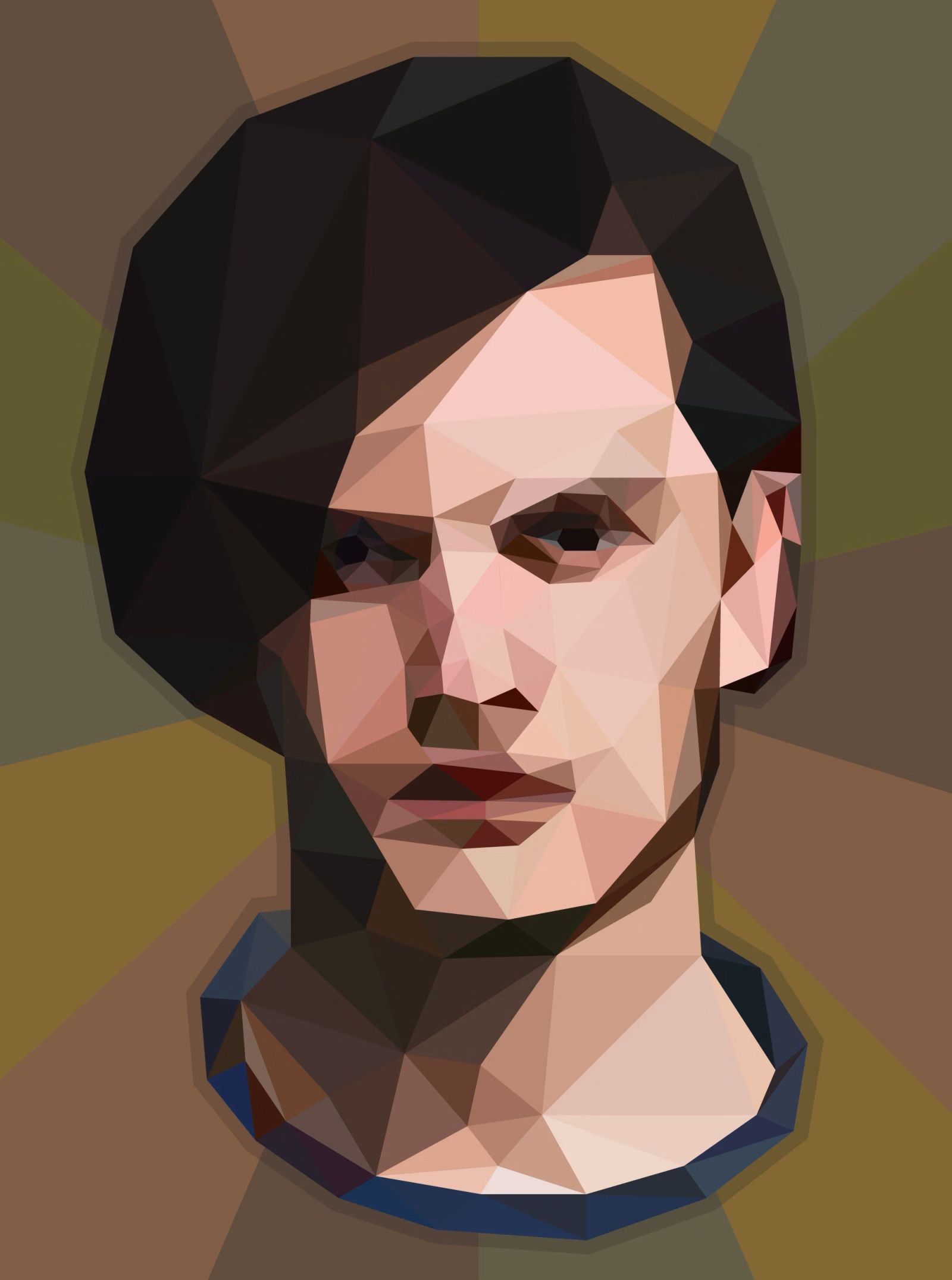 Early low-poly portrait of a dark-haired young man, with flat olive and khaki rays radiating behind him