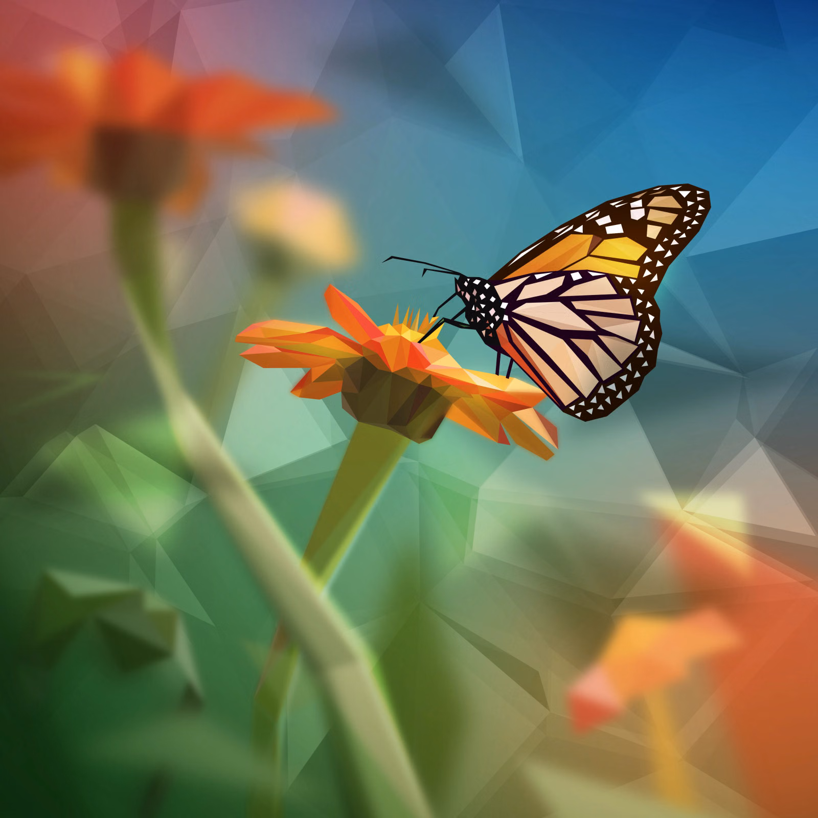 Low-poly artwork of a monarch butterfly perched on an orange flower, with blurred green and blue foliage behind