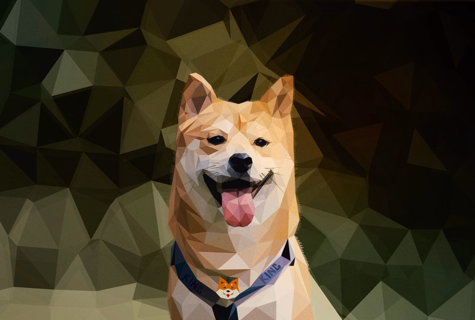 Low-poly portrait of a Shiba Inu with its tongue out, wearing a collar tagged "KING", on an olive-green faceted background