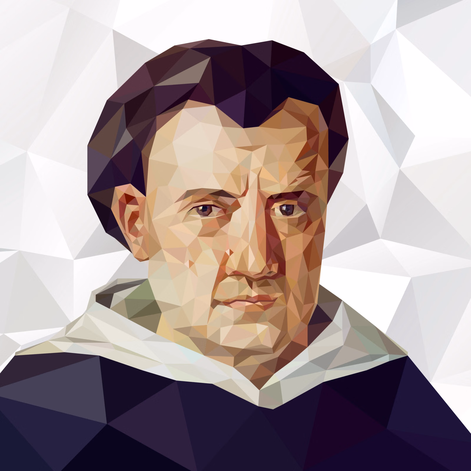 Detailed low-poly portrait of a dark-haired man in a white-collared dark robe, serious expression, on a pale grey faceted background