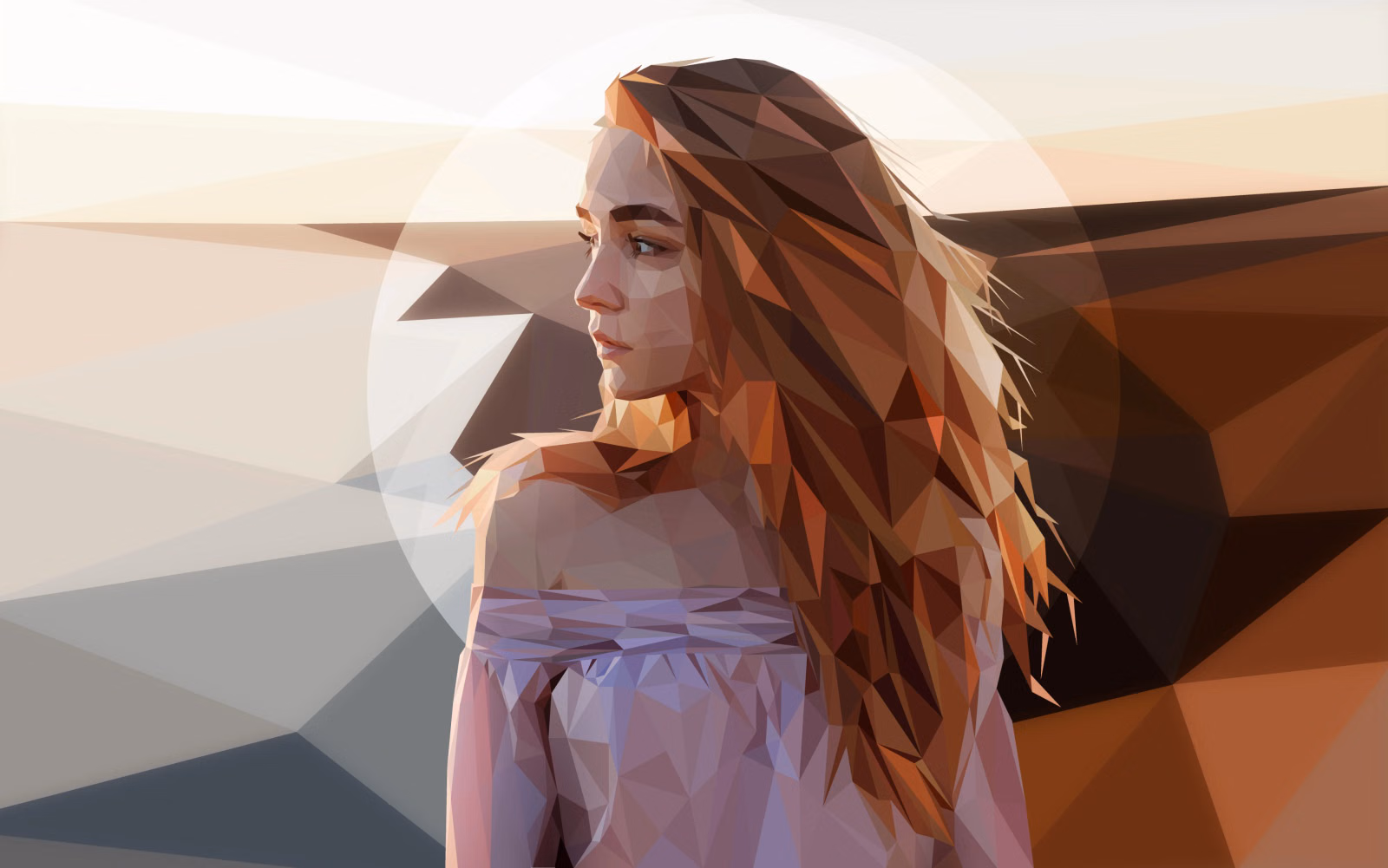 Low-poly portrait of a woman in profile with long, wind-swept hair, against a warm desert sky