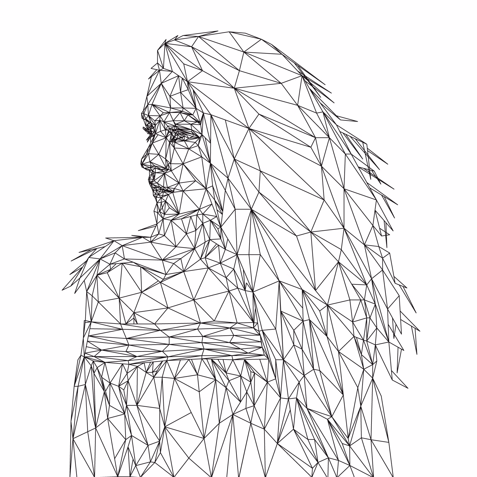Wireframe triangle mesh of a woman's head in profile, showing the low-poly geometry with no color fill