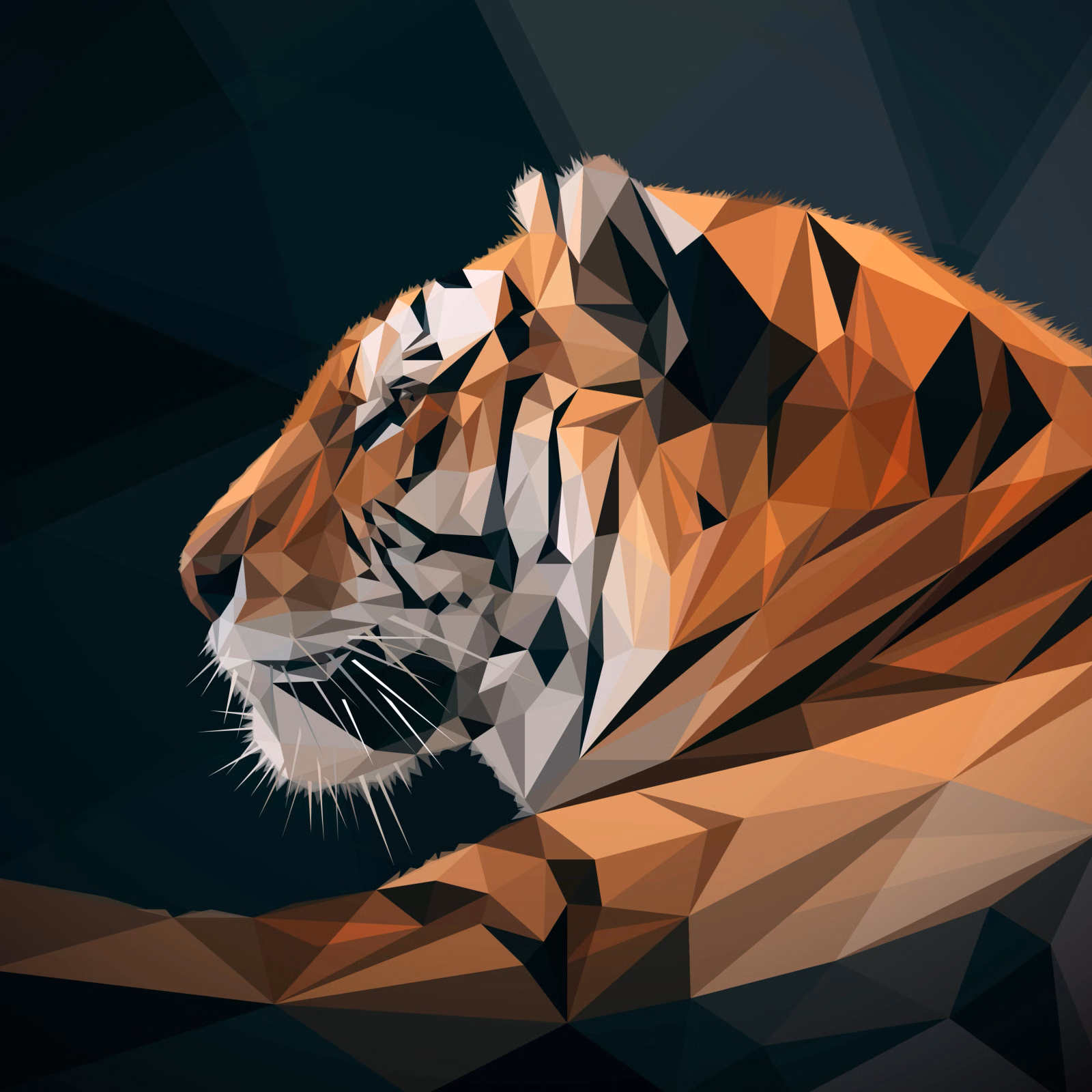 Low-poly portrait of a tiger's head in profile, orange and black striped fur against a dark teal background