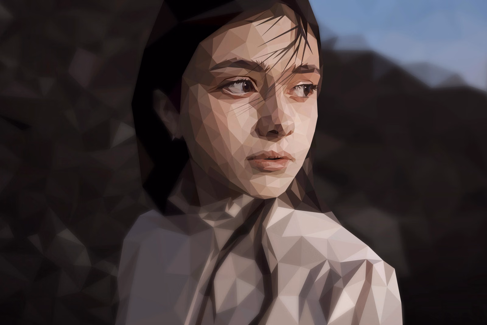 Low-poly portrait of a young girl in a white top glancing to the side, against a dark, softly faceted background