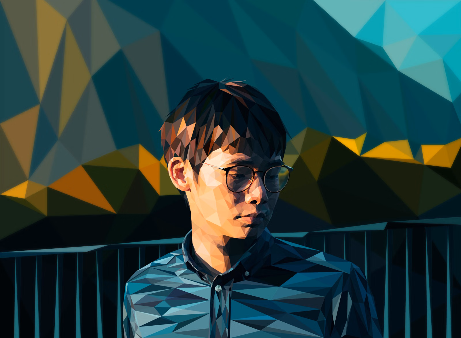 Low-poly portrait of a young man in round glasses and a patterned shirt, against a teal and gold faceted mountain backdrop