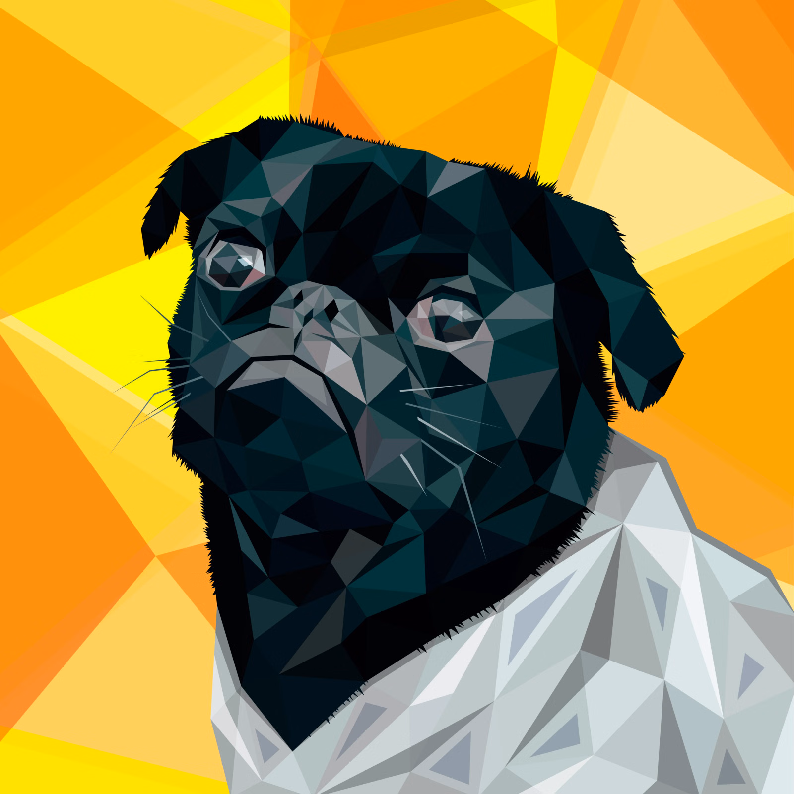 Low-poly portrait of a black pug wrapped in a white blanket, against a bright orange and yellow faceted background