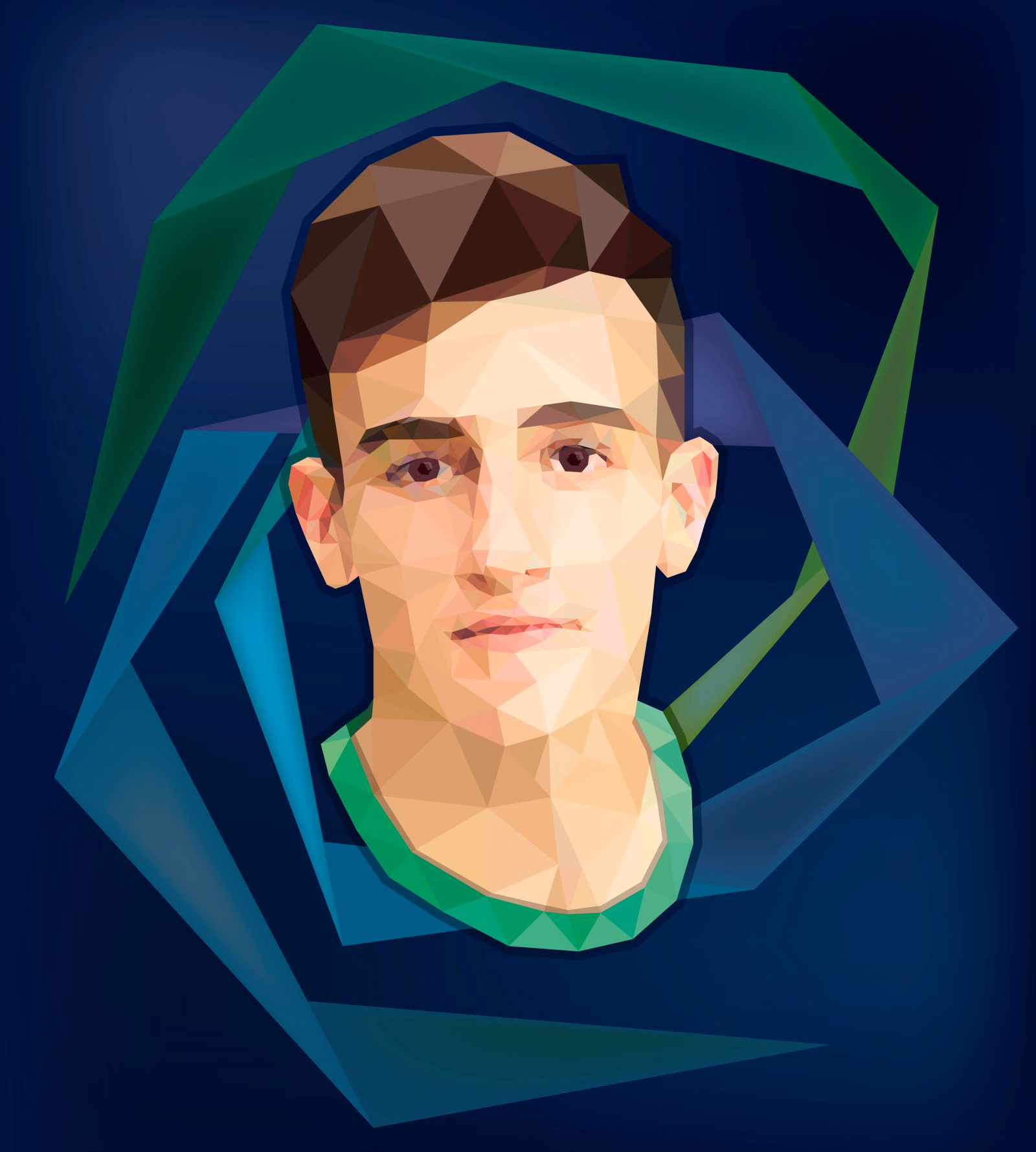 Low-poly portrait of a young man framed by angular green and blue geometric rings on a deep navy background