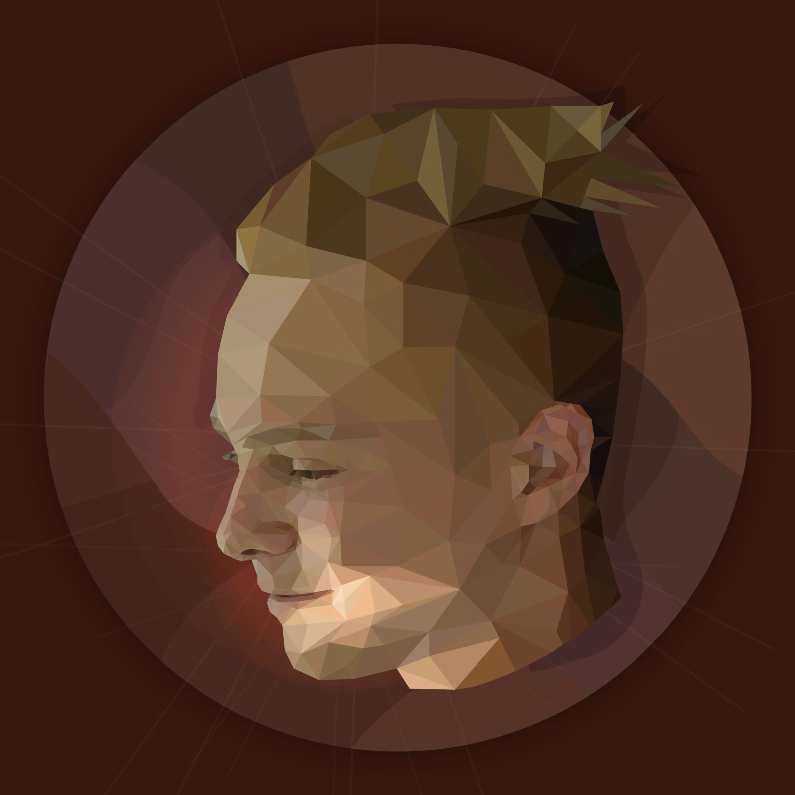 Low-poly profile portrait of a smiling man looking downward, set inside a dark maroon circular vignette