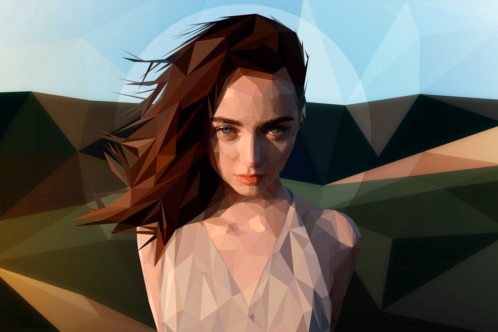 Low-poly portrait of a woman with wind-blown auburn hair and green eyes, standing before rolling green hills