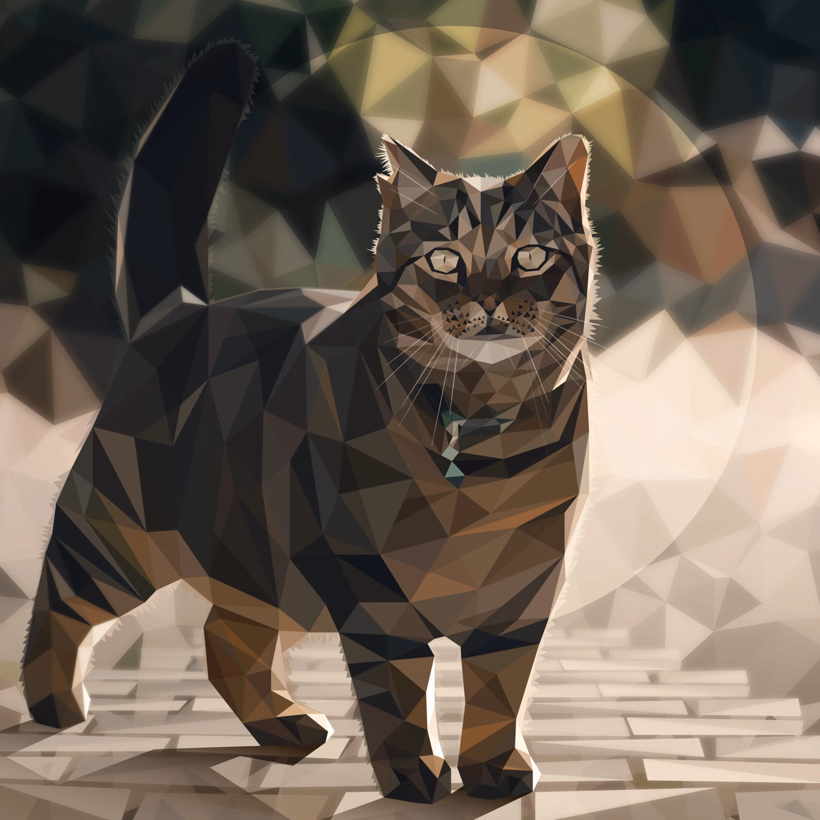 Low-poly artwork of a brown tabby cat standing with its tail raised on a cobblestone path