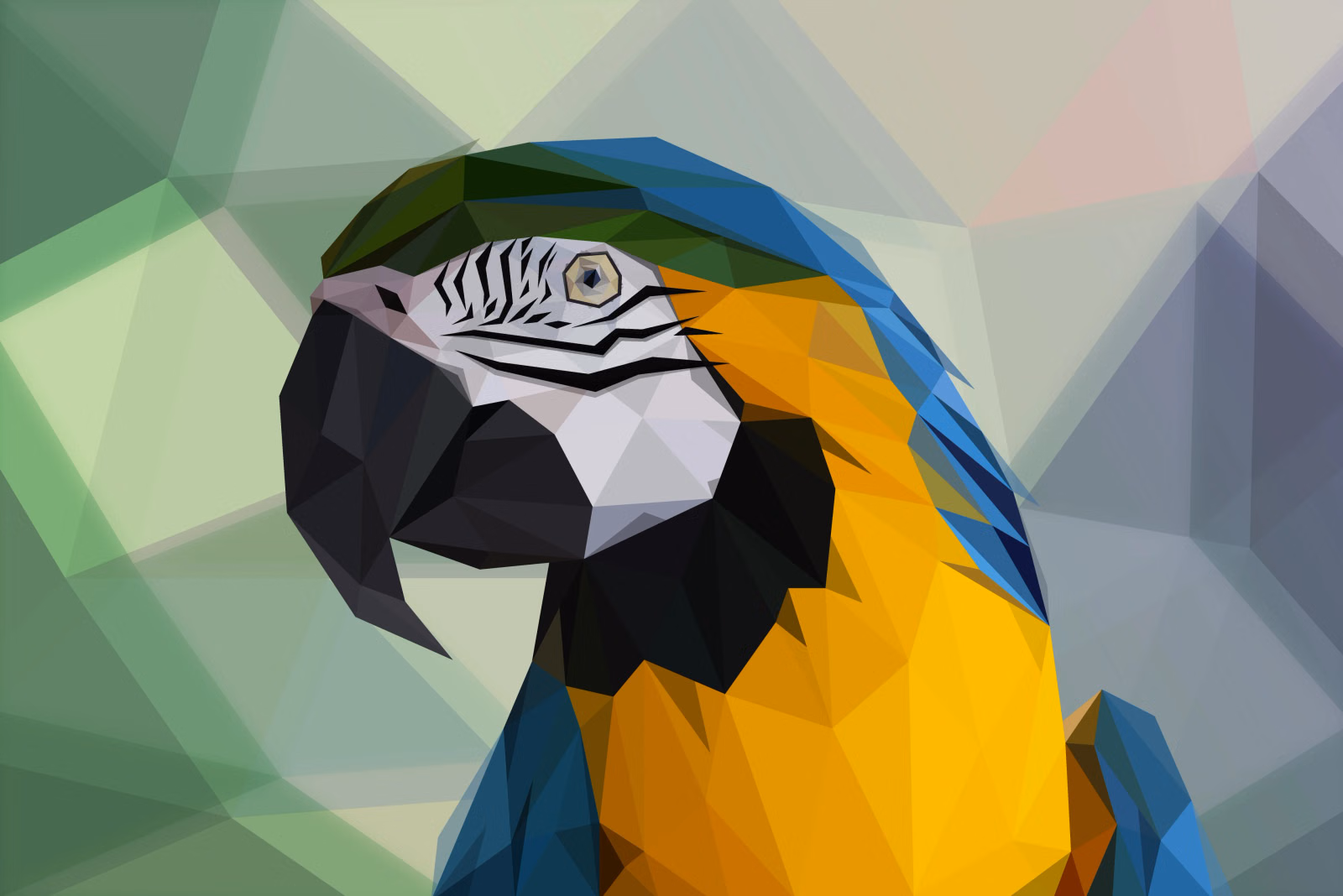Low-poly close-up of a blue-and-gold macaw's head against a soft green faceted background